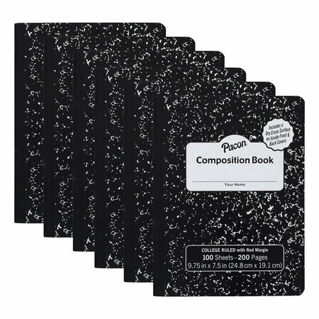 PACON Composition Book, Black Marble, 9/32 in ruling with red margin 9-3/4in. x 7-1/2in., 100 Sheets, 6PK PMMK37106DE
